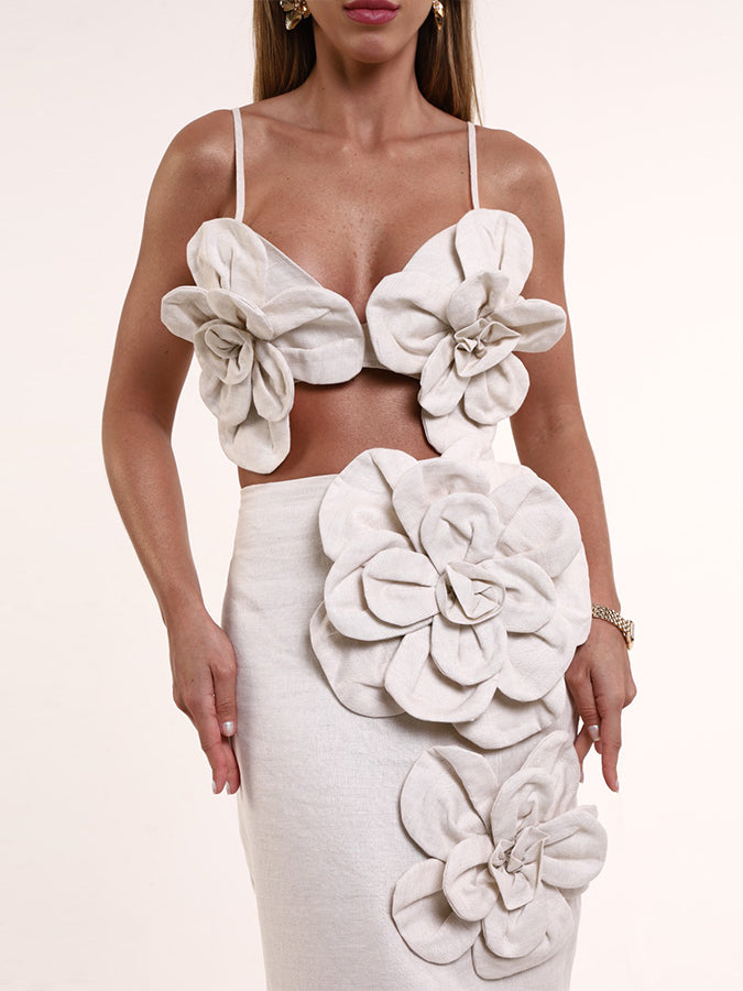 Beach Vacation Three-Dimensional Floral Solid Color Top And Skirt Suit